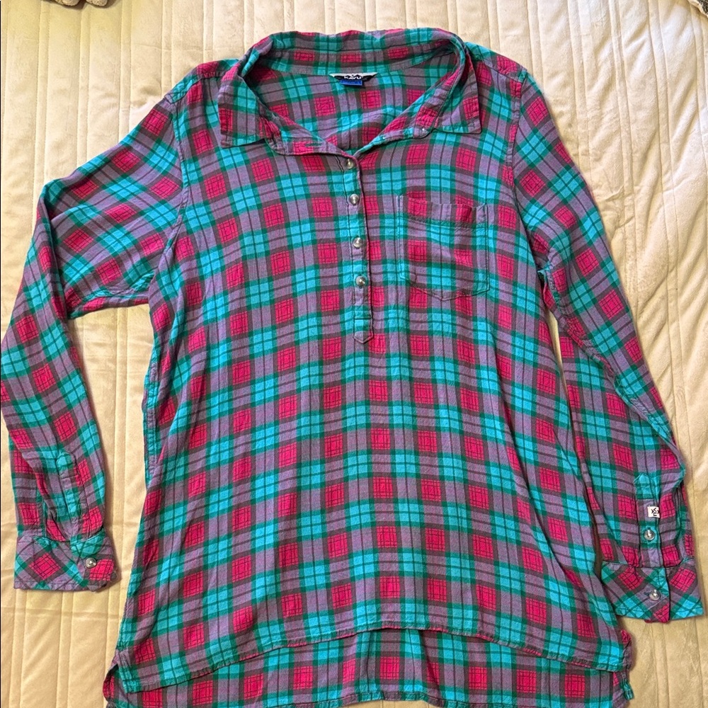 Kavu Plaid Tunic Top in Teal and Magenta